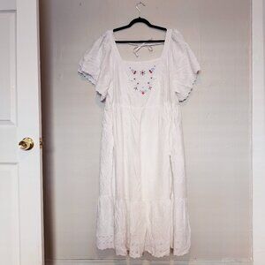 White Flare Tie-Back Embroidered Cotton Midi Dress Size 4X